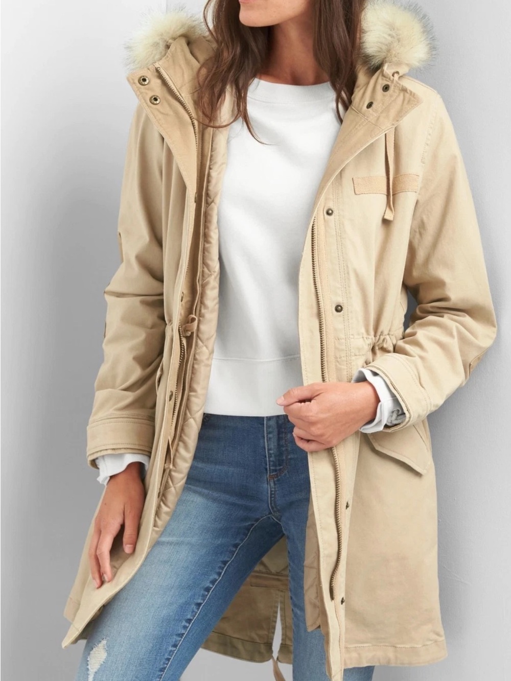 Gap 2 in 1 Women's Tan Parka with Faux Fur Hood size XL